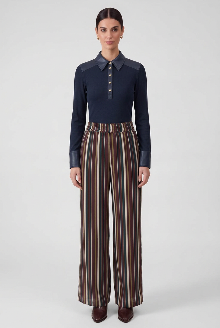 AI-generated styling image of navy Current Air ribbed knit faux leather polo paired with burgundy multi-striped wide-leg pants
