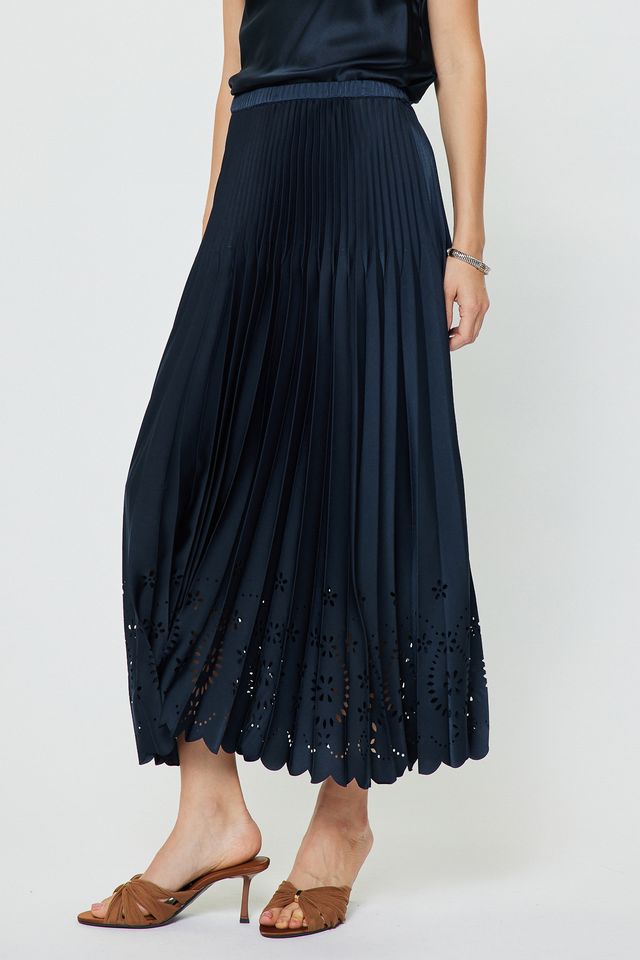 Pleated Laser Cut Maxi Skirt - Navy