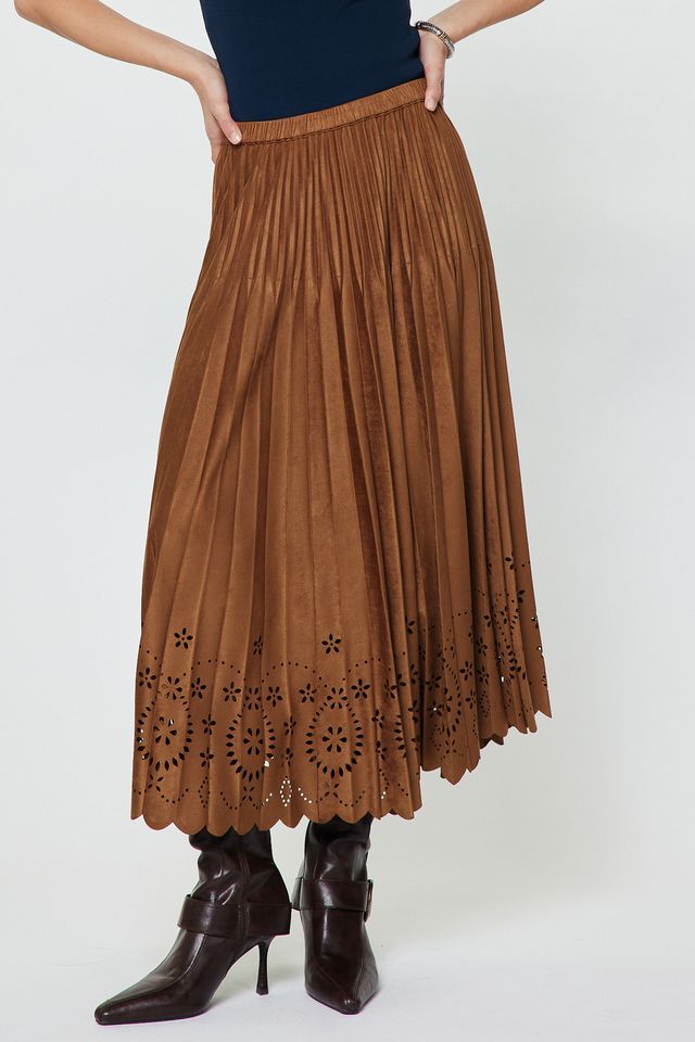 Pleated Laser Cut Maxi Skirt - Chestnut
