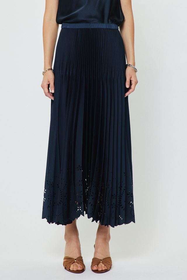 Pleated Laser Cut Maxi Skirt - Navy