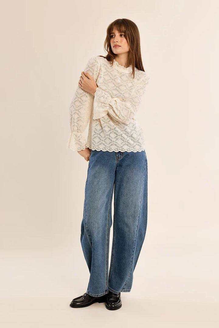 Ruffle-Neck Pointelle Knit Top