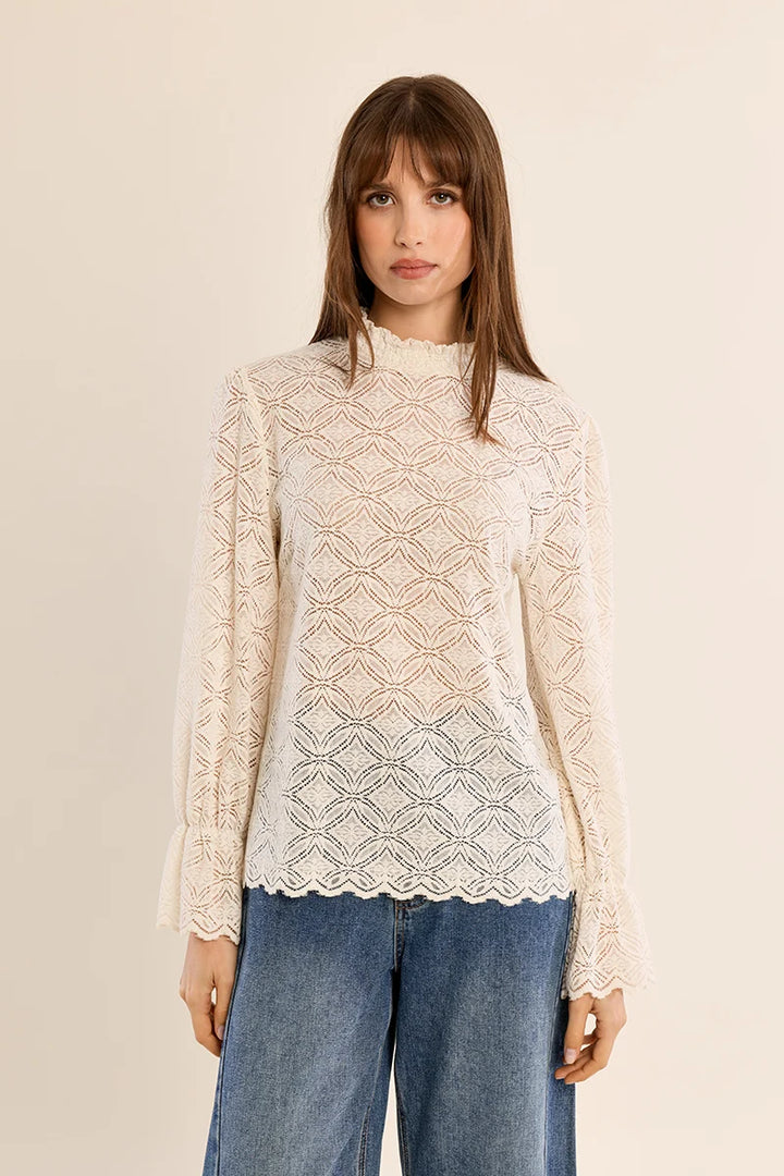 Ruffle-Neck Pointelle Knit Top
