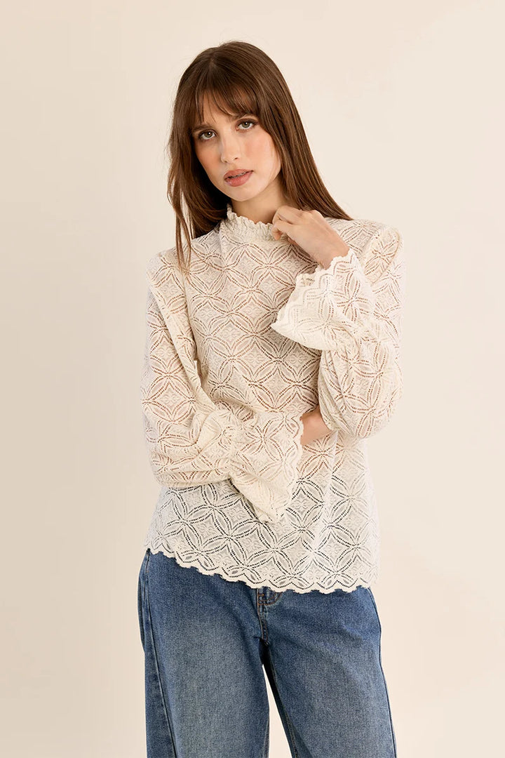 Ruffle-Neck Pointelle Knit Top