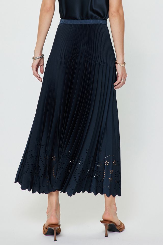 Pleated Laser Cut Maxi Skirt - Navy