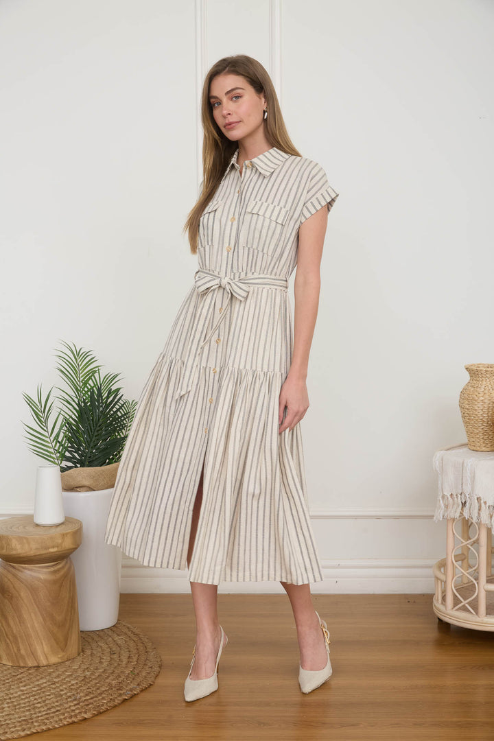Stripe Belted Linen Midi Shirtdress
