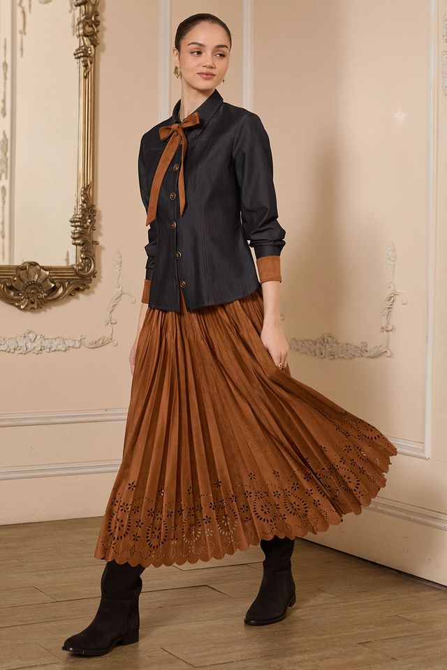 Pleated Laser Cut Maxi Skirt - Chestnut