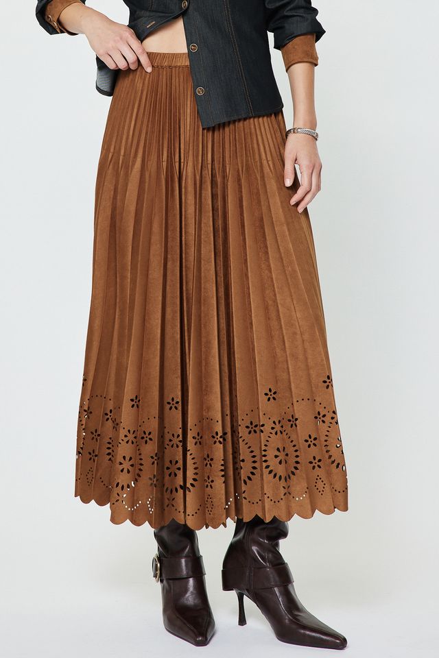 Pleated Laser Cut Maxi Skirt - Chestnut